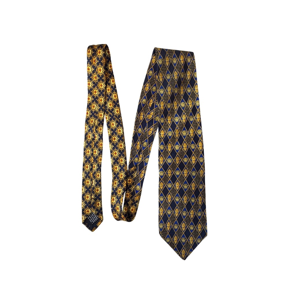 Gianni Versace VTG 1990s Mens Silk Tie Navy Gold Medusa Head Diamond Italy